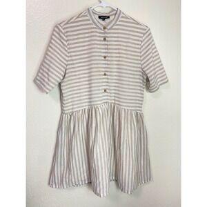 Roolee Beige White Striped‎ Short Sleeve Babydoll Mini Dress Small Coastal Boho
